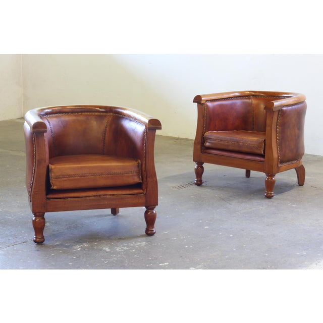 Brown Vintage Leather Club Chairs, 1920s, Set of 2 For Sale - Image 8 of 15
