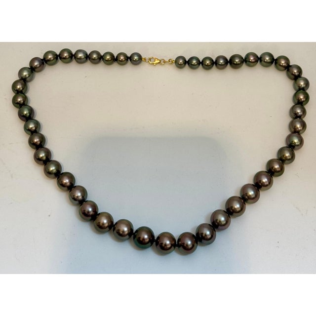 8-11.5 mm Tahitian Black Graduating Pearls Strand Necklace Yellow Gold Clasp 18K For Sale In New York - Image 6 of 18