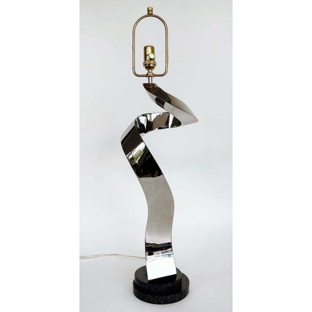 New Curtis Norton Abstract Stainless, Granite Table Lamp, Signed, Aluminum Shade Offered for sale is a 21st-century table...