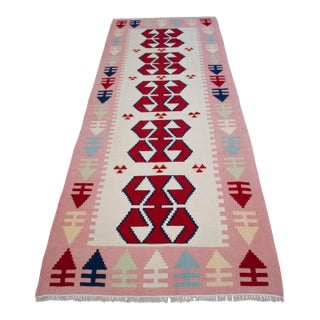 Vintage Turkish Hand Woven Kilim Rug. Flat Weave Hallway Rug Kitchen Decor - 3′3″ × 9′6″ For Sale
