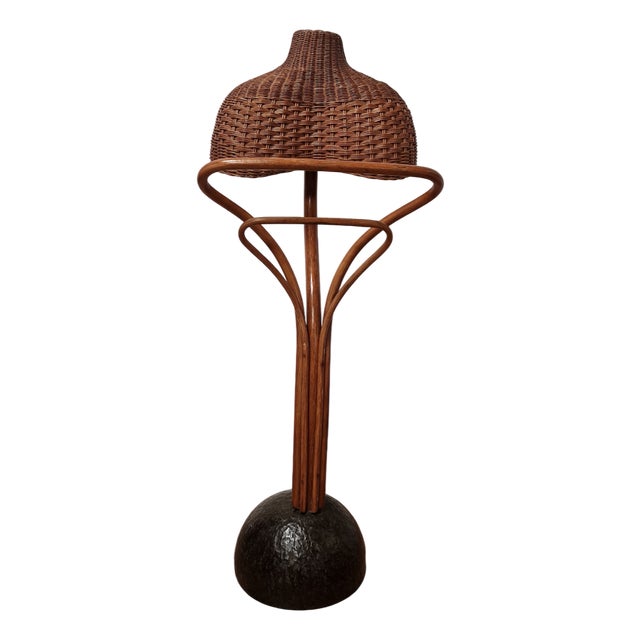 Wicker and Bamboo Coat Rack with Stone Base, 1980s For Sale