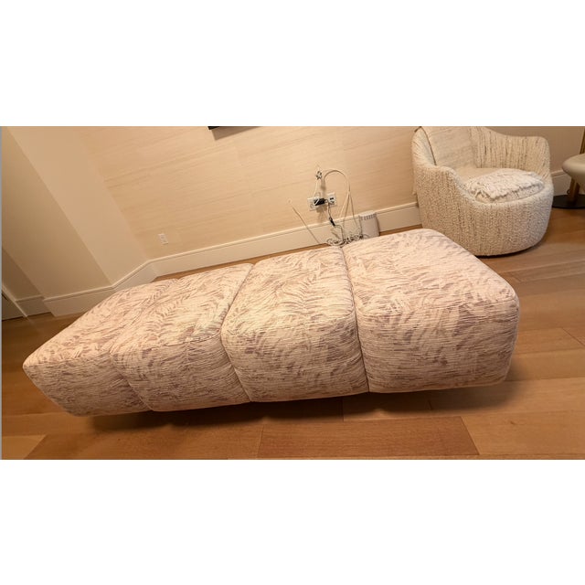 This custom bench was ordered through a designer and covered in Larsen Mailbu fabric. It has beatiful travertine feet....