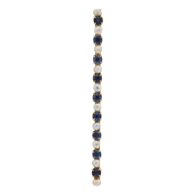 19th Century Victorian Sapphire Pearl 14k Yellow Gold Brooch For Sale
