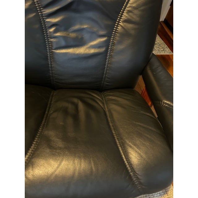 Ekornes ASA Ekornes Stressless Black Leather Recliner and Ottoman With Wood Base For Sale - Image 4 of 13