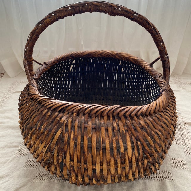 Brown Vintage Large Hand Woven Splint Wood Melon Basket For Sale - Image 8 of 12