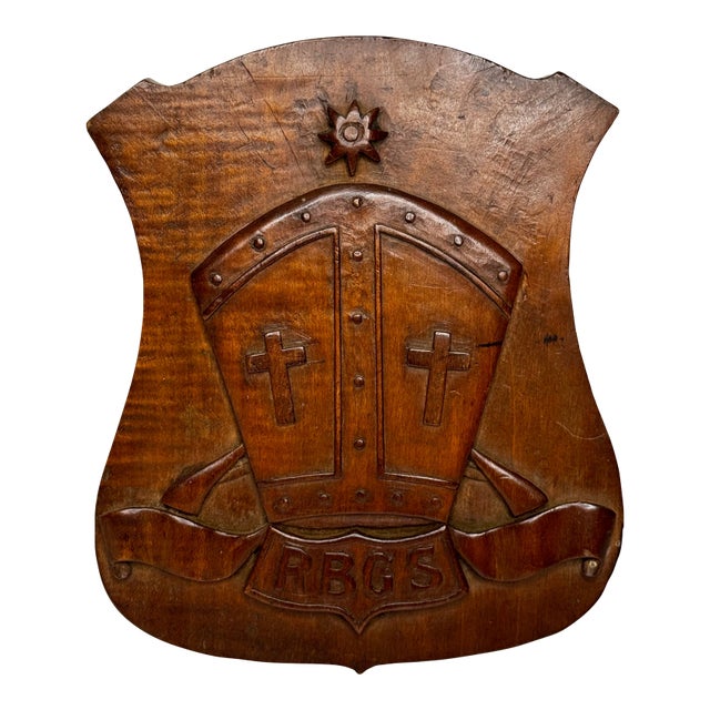 C1919 Hand-Carved Heraldic School Crest Plaque — Rivington & Blackrod Grammar School, Lancashire Wall Crest Sculpture For Sale
