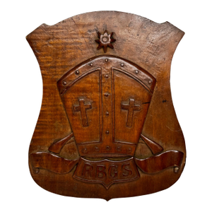 C1919 Hand-Carved Heraldic School Crest Plaque — Rivington & Blackrod Grammar School, Lancashire Wall Crest Sculpture