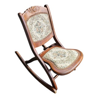 Vintage Folding Rocking Chair Wood Floral Tapestry Rose Carved Cottagecore For Sale