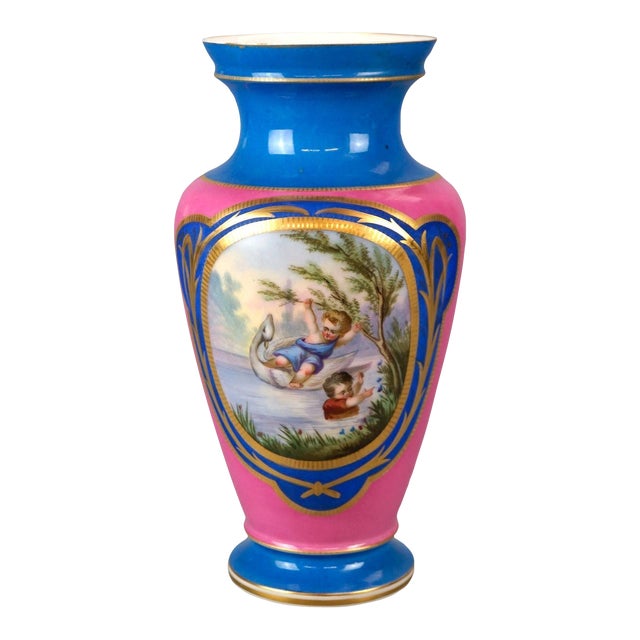 Antique French Old Paris Porcelain Genre Portrait Vase with Children 19th Century For Sale