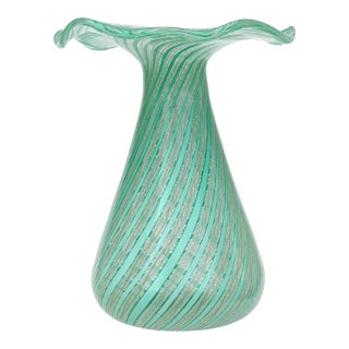 Murano Vintage Green White Aventurine Ribbons Italian Art Glass Flared Rim Flower Vase, Manner of Dino Martens For Sale