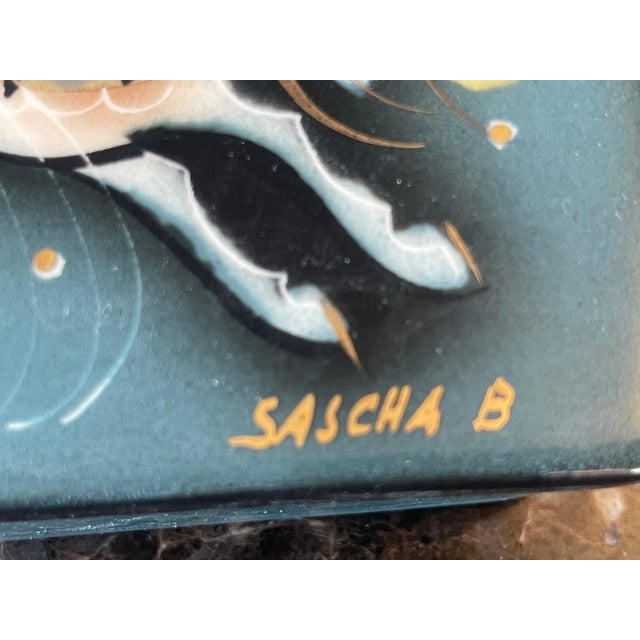 Sascha Brastoff "Star Steed" Ceramic Box. Small corner piece was broken and glued back in place. Crack and messy glue job...