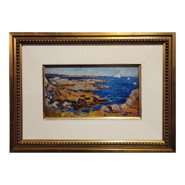 Arthur Bowen Davies- 1920s Maine Shoreline With Sailing Ship -Oil Painting For Sale