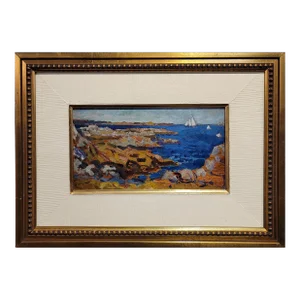 Arthur Bowen Davies- 1920s Maine Shoreline With Sailing Ship -Oil Painting