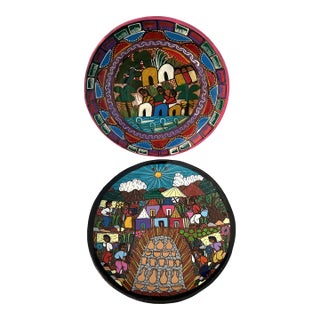 Vintage Folk Art Hand-Painted Pottery Display Plates, a Pair For Sale