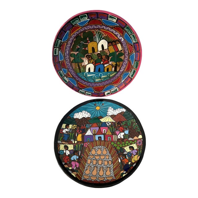 Vintage Folk Art Hand-Painted Pottery Display Plates, a Pair For Sale