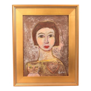 Woman Portrait & Cat Painting by Ruth Arenz Including the Antiqued Gold Wood Frame For Sale