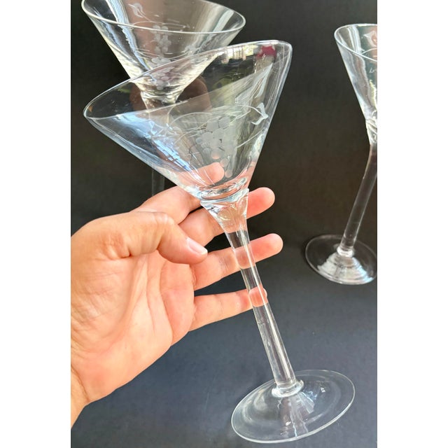 Vintage Handmade Etched Grapevine Martini Glasses With Tulip Stems – Set of 3 For Sale - Image 4 of 8