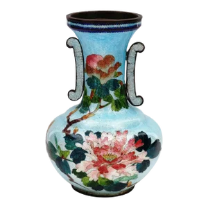 Antique Meiji Japanese Cloisonne Ginbari Baby Blue Enamel Floral Double Handel Vase