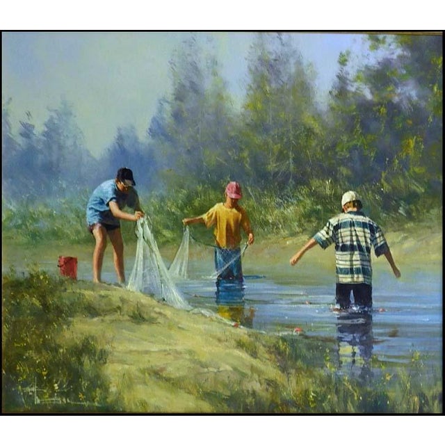 "Letting Down the Nets" Original Oil Painting on canvas by Robert Hagan Hand signed by the artist Art Size: 34" x 40"...