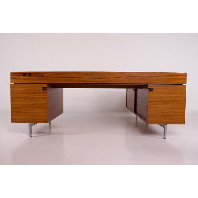 Impressive executive desk in american walnut and chrome-plated steel, büro neu form edition, 1970s. Max w 200 cm x max d...
