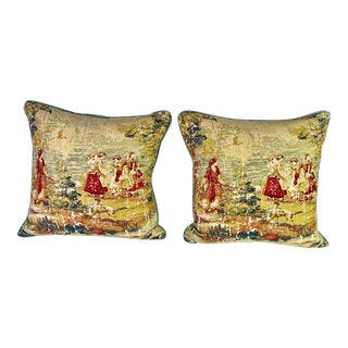 Pair of Printed Linen Pillows W/ Figural Scenery For Sale