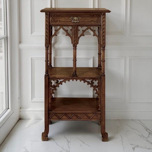 Gothic 19th Century French Walnut Gothic Pedestal ~ Etagere End Table For Sale - Image 3 of 15