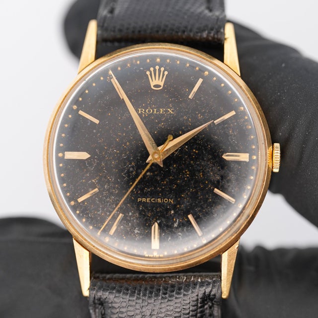 1950s Rolex Speckled Gold Dial 33mm 18k Gold Precision Leather Watch For Sale - Image 10 of 12