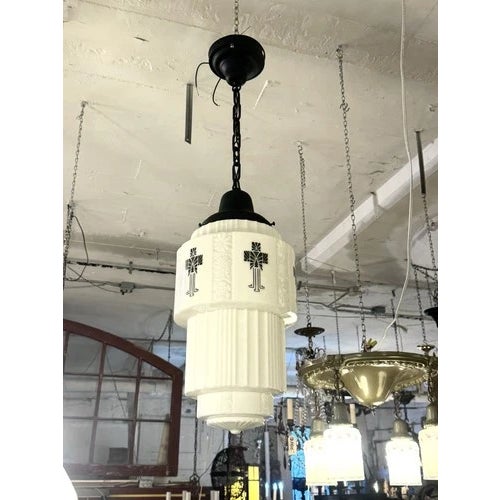 White 1930s 36" Art Deco Black & White Skyscraper Pendant Ceiling Light Rewired For Sale - Image 8 of 11