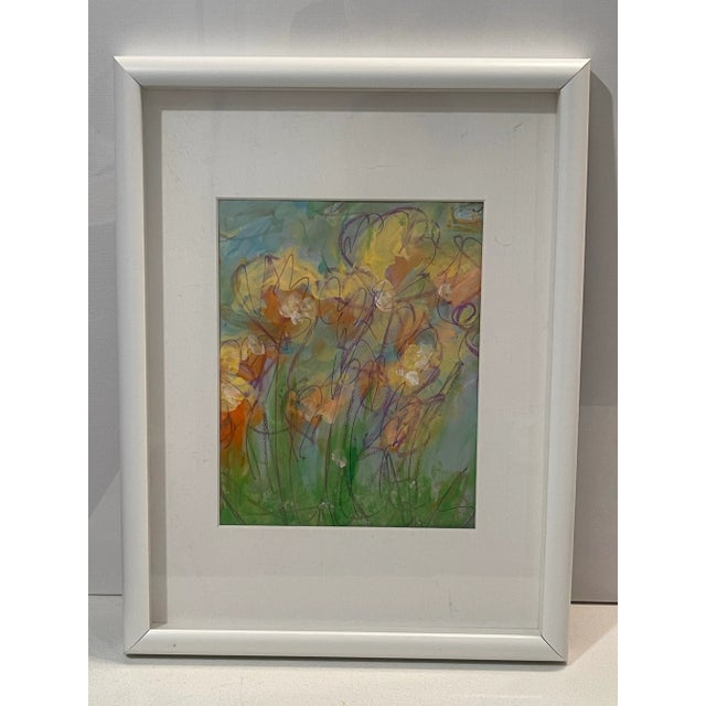 Canary Yellow Original Mixed Media Artwork “Flowers in Field” (Watered Acrylic Painting and Ink on Art Paper); Signed, Framed For Sale - Image 8 of 12
