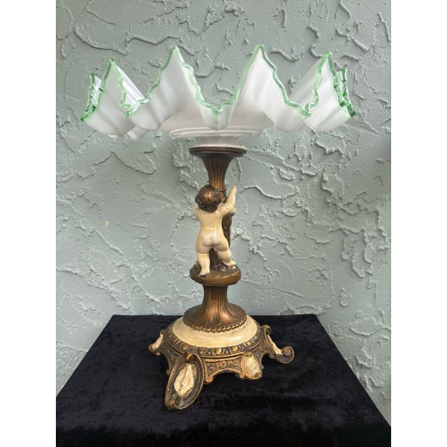 Vintage Bohemian Style Opal Glass Tazza With Green Trim on Cherub Pedestal Base For Sale In Orlando - Image 6 of 12