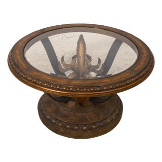 Round Decorative Glass Top Coffee Table W. Ornate Base For Sale