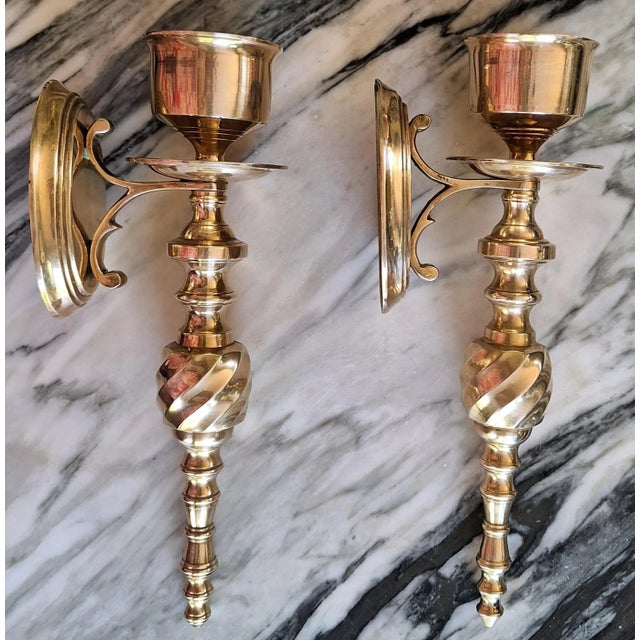 Brass Vintage Traditional Ralph Lauren Style Solid Brass Candle Sconces - A Pair For Sale - Image 8 of 12