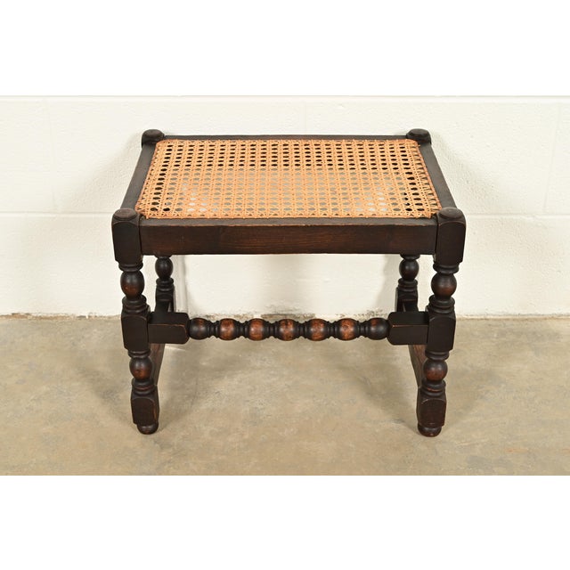Victorian Berkey & Gay Style Antique English Jacobean Carved Walnut and Cane Stool or Ottoman, Circa 1920s For Sale - Image 3 of 8
