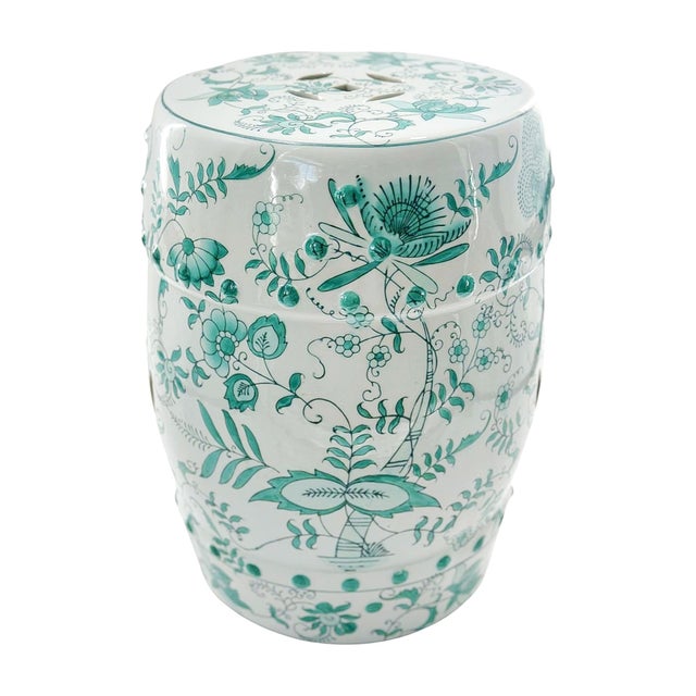 Late 20th Century Vintage Green Floral Porcelain Garden Stool For Sale - Image 5 of 7