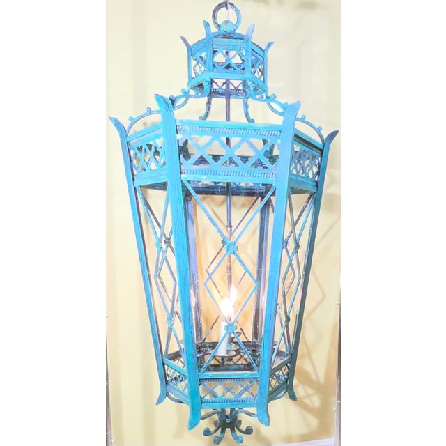 Exquisite Large Hand-Forged Iron Lantern – Verdigris Patina - 47” High X 24”Wide For Sale - Image 11 of 18