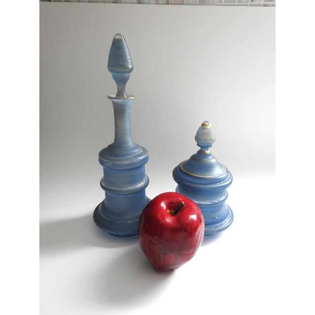 Victorian Pair of Victorian Hand-Painted Blue Glass Perfume Bottles With Provenance Note Late 19th Century For Sale - Image 3 of 12