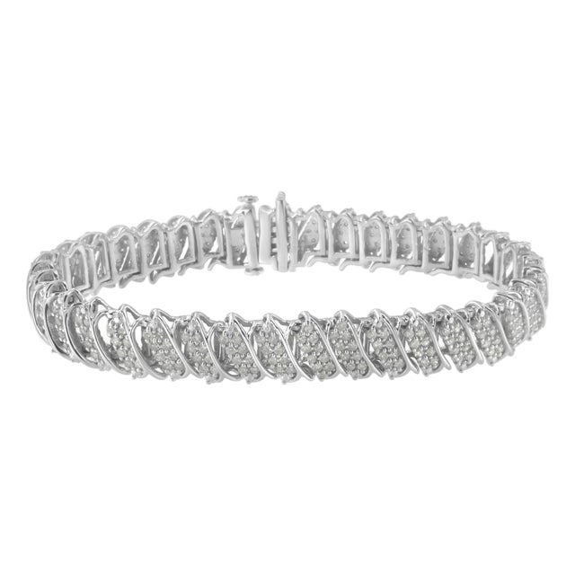 .925 Sterling Silver 3.0 Cttw Diamond Multi Row Cluster Slanted Wave Link 7-¼” Tennis Bracelet (I-J Color, I2-I3 Clarity) For Sale
