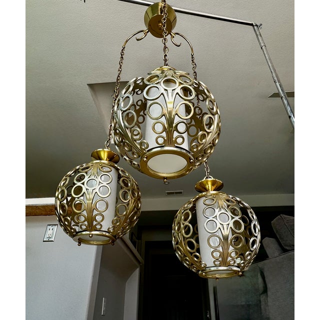 Brass Trio (3) Mid-Century Hollywood Regency Pierced Brass Cluster Pendant Chandelier $4,500 For Sale - Image 8 of 18