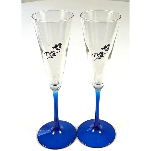 Art Nouveau 1990s Perrier Jouet-Champagne, Flutes, Cobalt, Stems, and Foot With a Black Painted Rose on the Bowl For Sale - Image 3 of 9