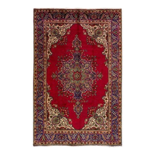 1960s Vintage Persian Tabriz Handmade Medallion Red Wool Rug For Sale