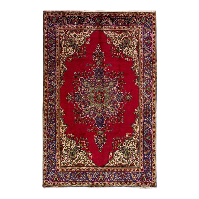 1960s Vintage Persian Tabriz Handmade Medallion Red Wool Rug For Sale