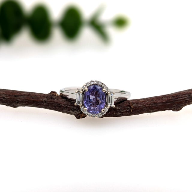 Modern 2ct Purple Sapphire Ring With Earth Mined Diamond Halo: Solid 14k Gold, 7x6mm, Size 6.75 For Sale - Image 3 of 6