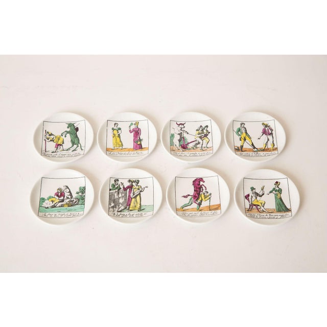 These fabulous set of vintage theatrical Piero Fornasetti porcelain hallmarked and numbered set of colored opera coasters...