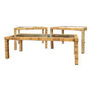 Vintage Coastal Rattan 3-Piece Living Room Table Set With Glass Tops For Sale
