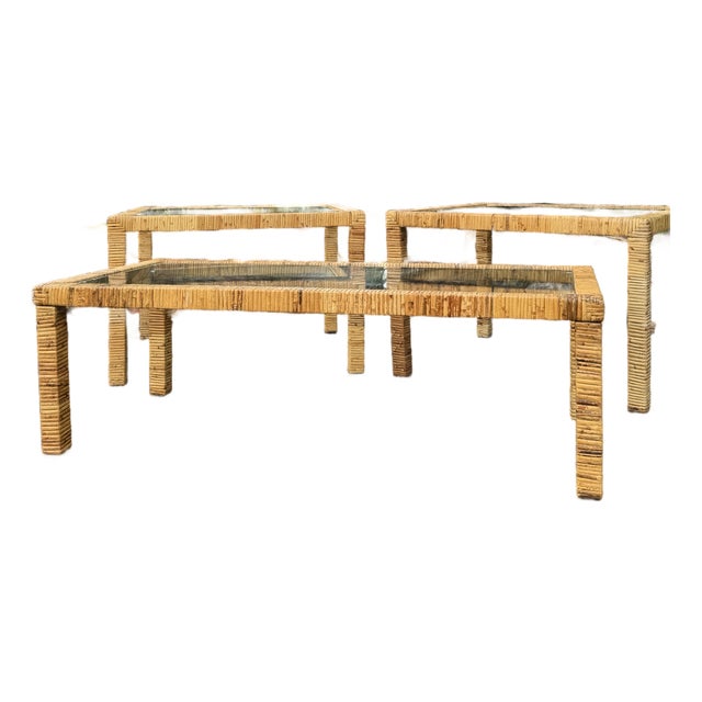 Vintage Coastal Rattan 3-Piece Living Room Table Set With Glass Tops For Sale