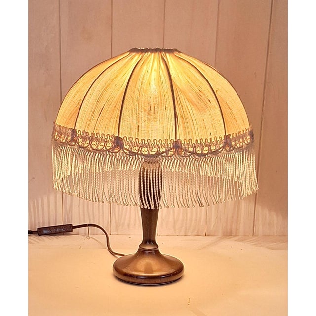 Metal Vintage Table Lamp with Patinated Brass Base and Fringed Shade, 1980s For Sale - Image 7 of 7