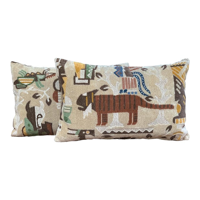 Custom Pillows With Clarence House Cut Velvet Fabric - A Pair For Sale
