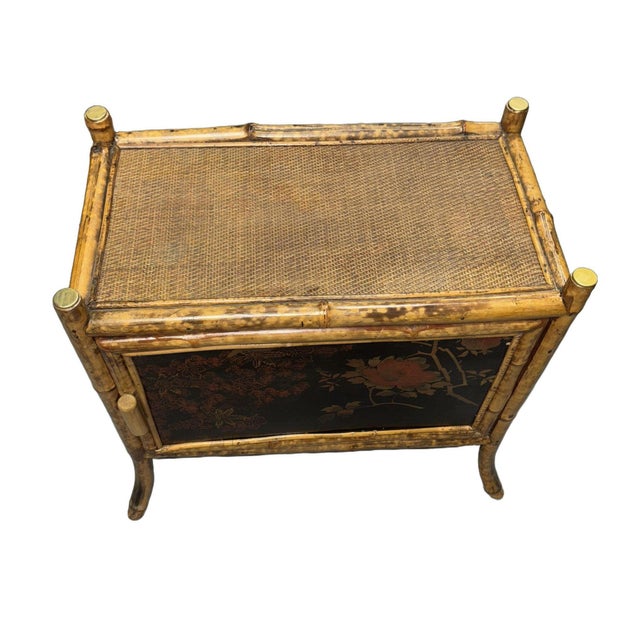 Wood Late 19th Century Victorian Chinoiserie Tiger Bamboo Nightstand With Hand-Painted Lacquer Front For Sale - Image 7 of 12