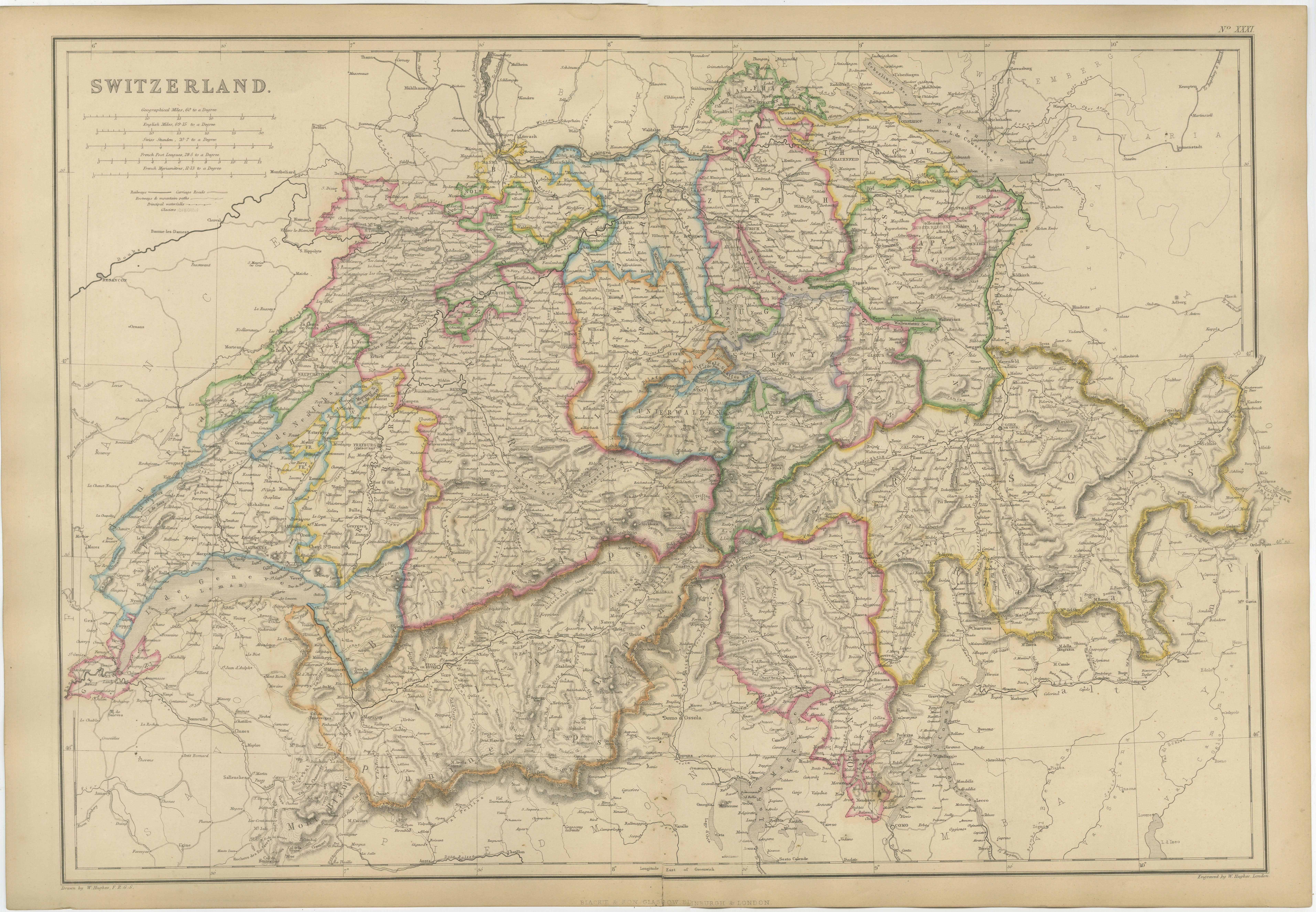 Antique Map of Switzerland from Blackie & Son, 1860s For Sale