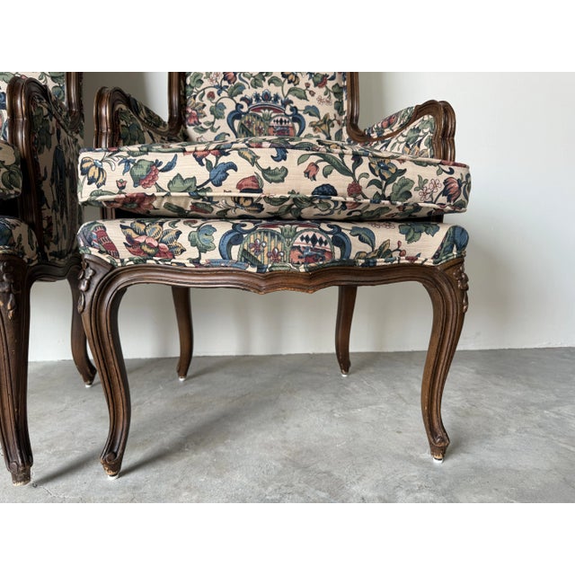 Vintage Hollywood Regency Louis XV-Style High-Back Carved Wood Accent Chairs - A Pair/Sold For Sale - Image 11 of 12